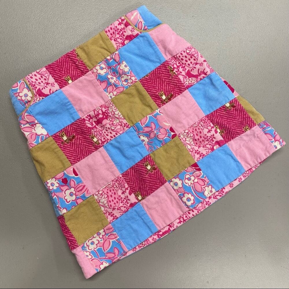 Lilly Pulitzer Skirt Patchwork Floral Pink Blue Tan Owls Kid Girl Size 7 Vintage